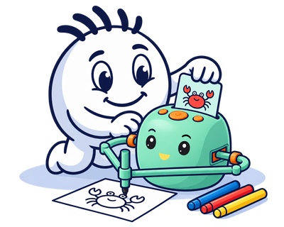 Mascot sliding a picture card into Thoson Bot