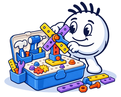 Mascot building a windmill on the BuildBox workbench