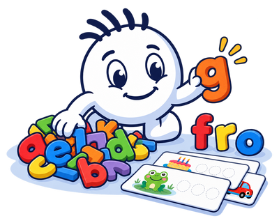 Mascot finding the letter g among LetterCrew letters