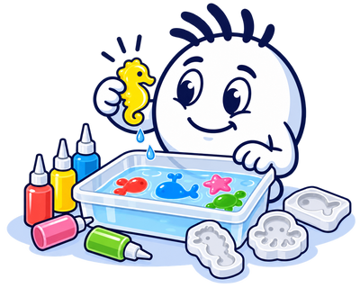 Mascot lifting a squishy Magic Gel seahorse out of the water