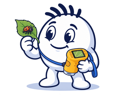 Mascot holding a leaf with a ladybug and the MicroScope Explorer