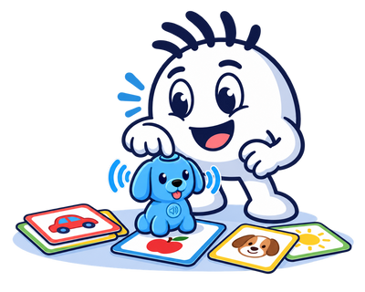Mascot pressing Pippo's button and repeating the word