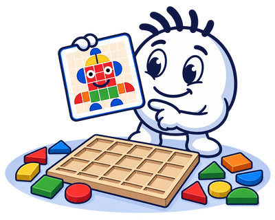 Mascot holding a ShapeCrew pattern card