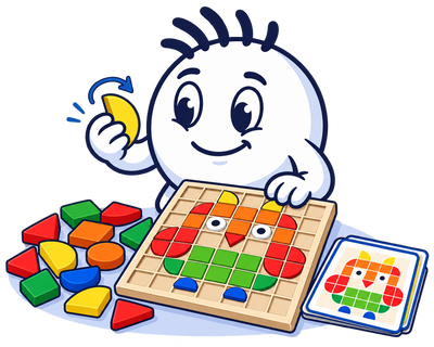 Mascot turning a ShapeCrew wooden shape