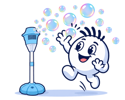 Mascot jumping into SkyPop bubbles