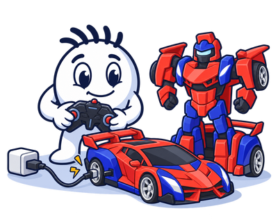 Mascot ready with the SpiderRacer remote while the car charges