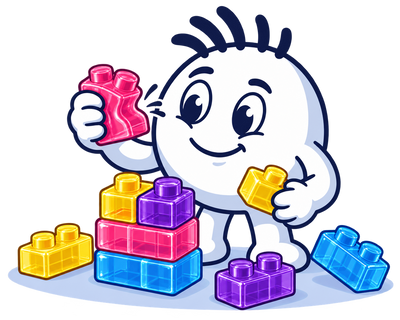 Mascot squeezing a SquishBlocks block