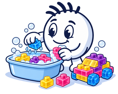 Mascot rinsing SquishBlocks in soapy water