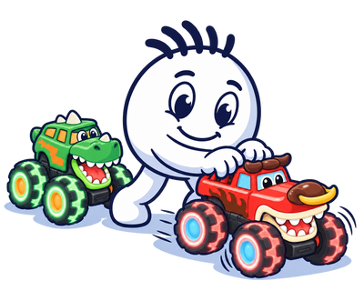Mascot pressing and pushing a TurboMonster truck