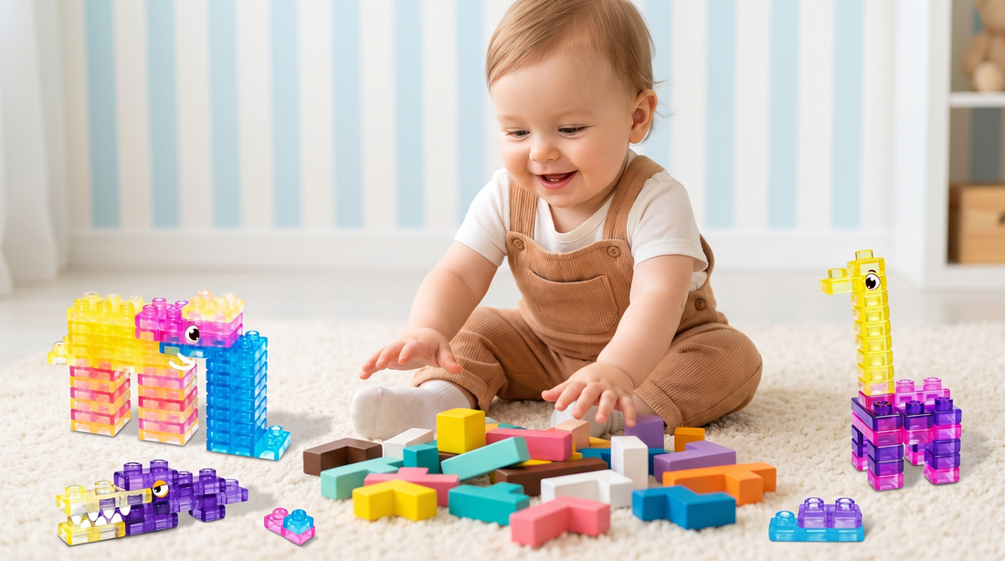 A one-year-old on a rug reaching for colorful wooden puzzle blocks and soft building blocks.