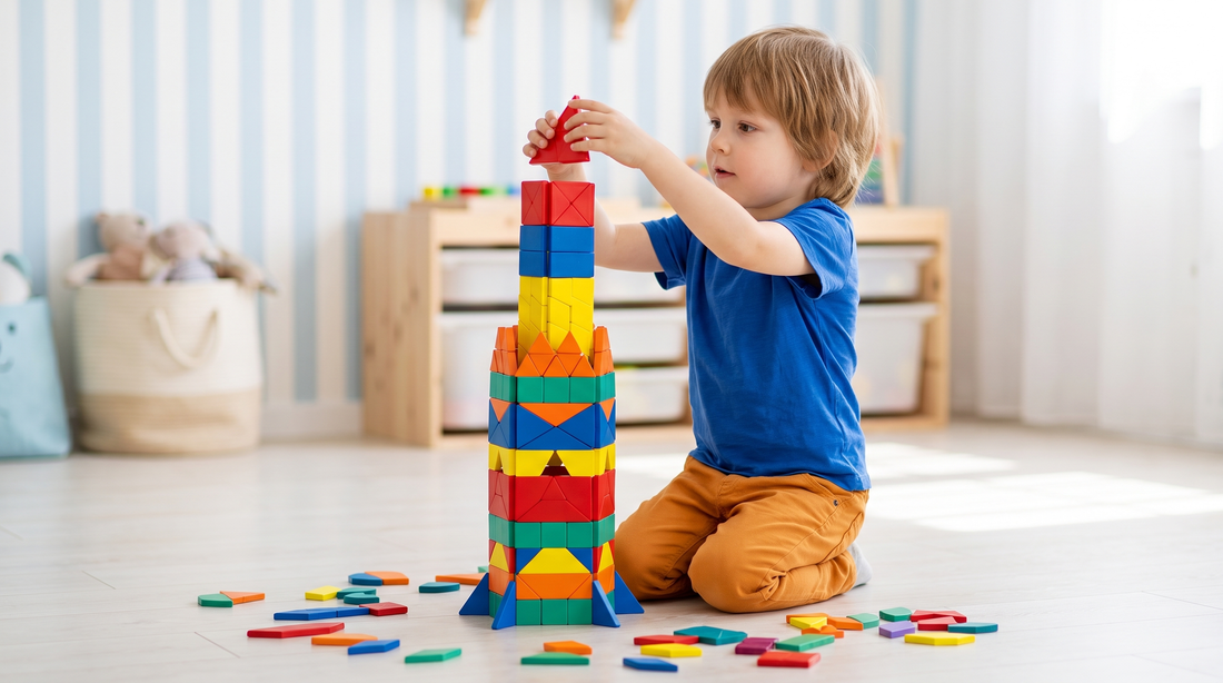 A four-year-old placing a piece on top of a tall tower built from colorful magnetic tiles.
