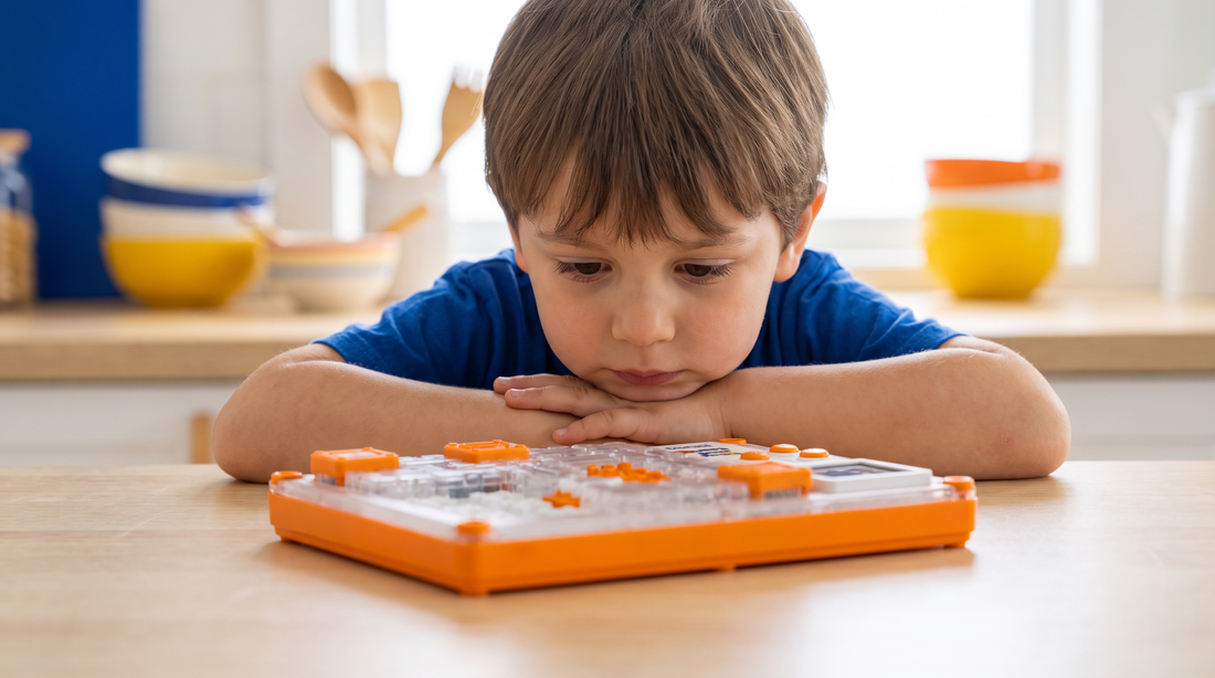 A five-year-old resting their chin on their arms, absorbed in a Thoson Spark electronic logic game.