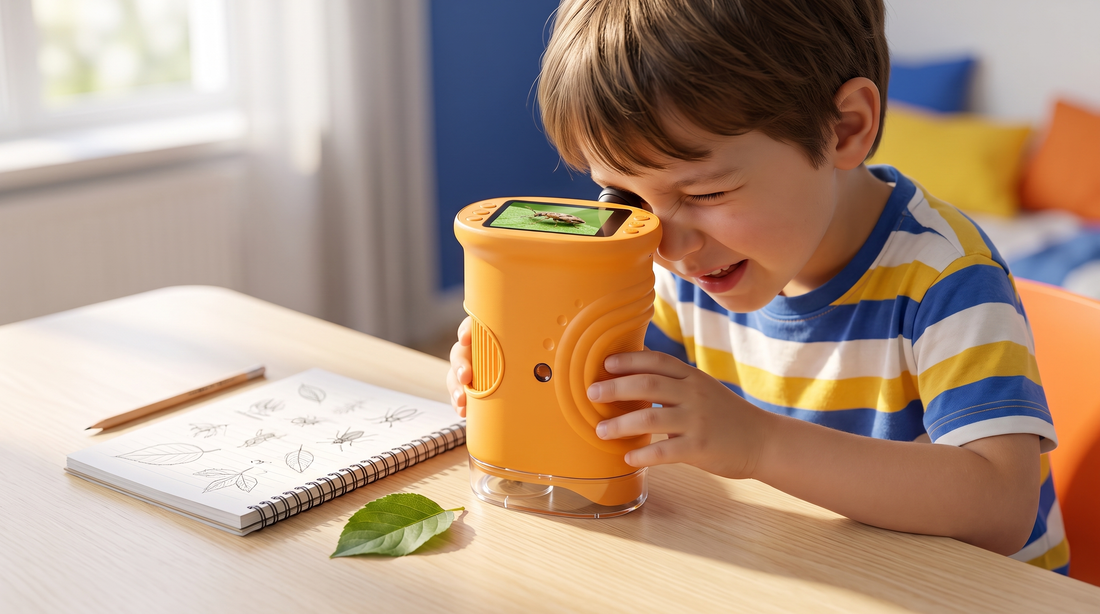 A six-year-old looking into a Thoson MicroScope Explorer with a leaf and notebook beside them.