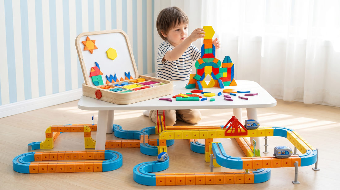 A child adding a magnetic tile to a tall build with a magnetic train track curving below.