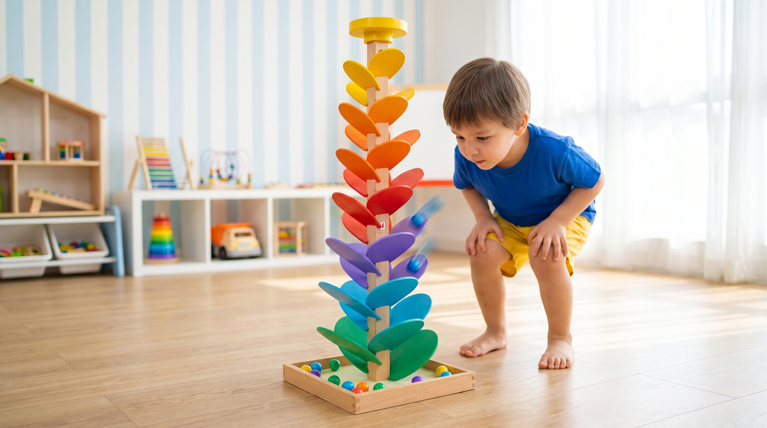 A marble mid-descent down a Thoson Chime wooden marble run while a child watches.