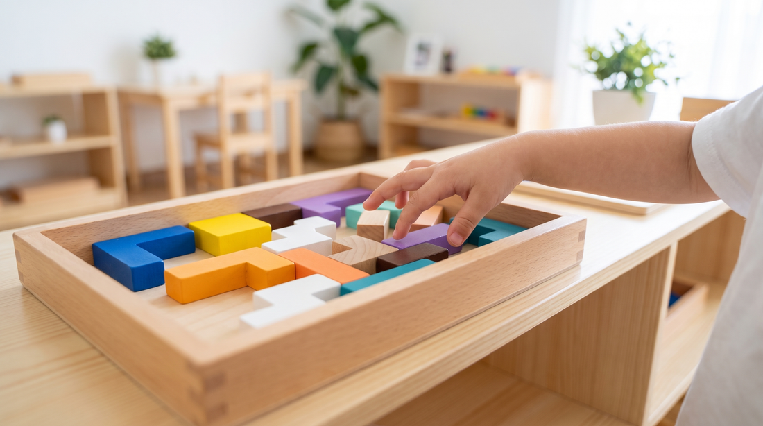 Wooden puzzle pieces presented alone on a tray on a low open shelf in a Montessori-style room.