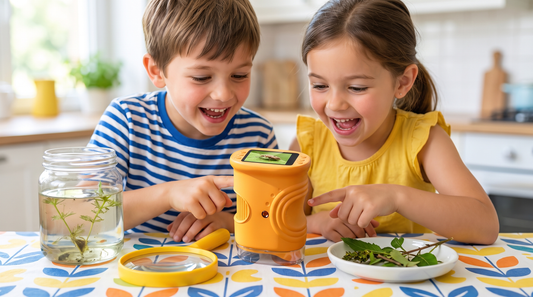 Two children leaning in over a Thoson MicroScope Explorer set up on a kitchen table.