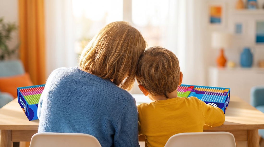 A parent and child seen from behind, heads together over a phonics set at a sunlit table.