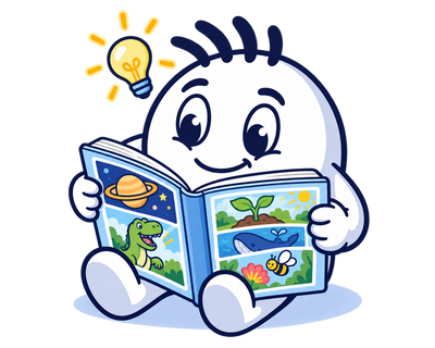 Mascot reading the comic pages of 100,000 Whys