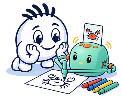 Thoson Bot drawing a crab while the mascot watches