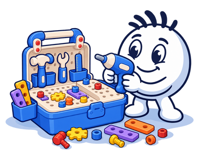 Mascot holding the BuildBox toy drill