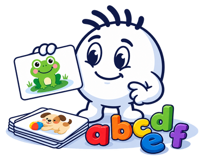 Mascot holding a LetterCrew frog picture card
