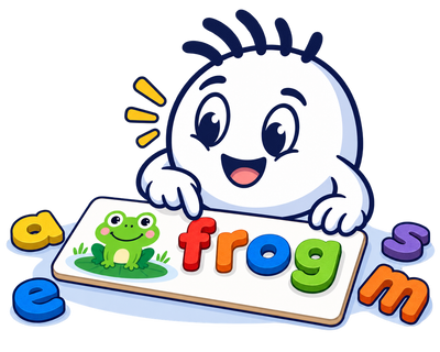 Mascot reading the word frog spelled with LetterCrew letters