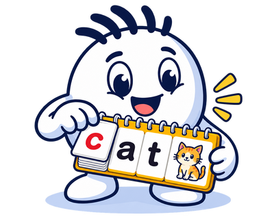 Mascot reading the word cat in a Lingo flip book