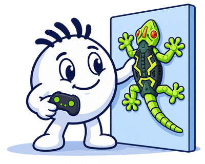 Mascot placing the Thoson Lizard on a wall