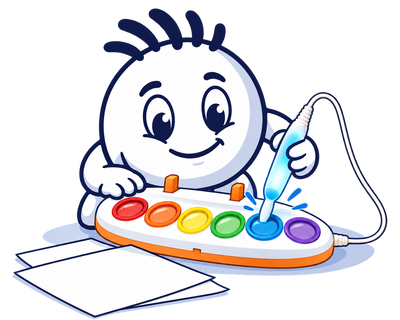 Mascot dipping the Magic Art light-up brush in a paint well