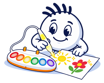 Mascot painting a sun and a flower on Magic Art paper