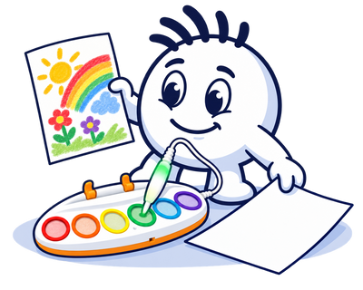 Mascot holding a finished Magic Art painting next to a fresh sheet