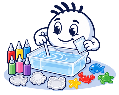 Mascot stirring the Magic Gel water bath