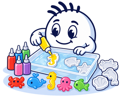 Mascot squeezing Magic Gel color into a seahorse mold