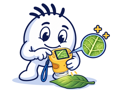 Mascot zooming in on a leaf with the MicroScope Explorer