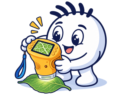 Mascot amazed by a magnified leaf on the MicroScope Explorer screen
