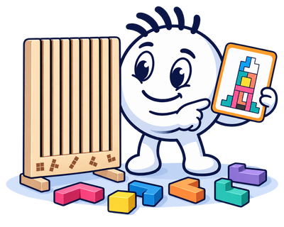 Mascot holding a NestWood challenge card next to the empty frame