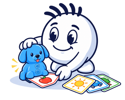 Mascot placing a picture card under Pippo