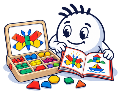 Mascot choosing a design in the PixelForge idea book