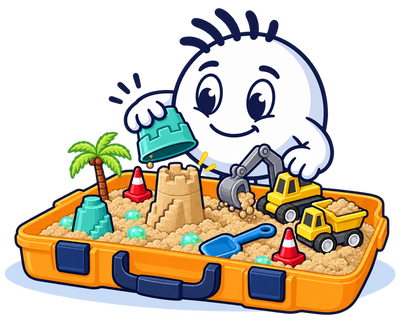 Mascot molding a sand castle in Sandlab