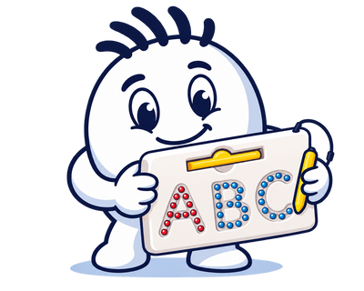 Mascot holding the Spell & Play letter tracing board