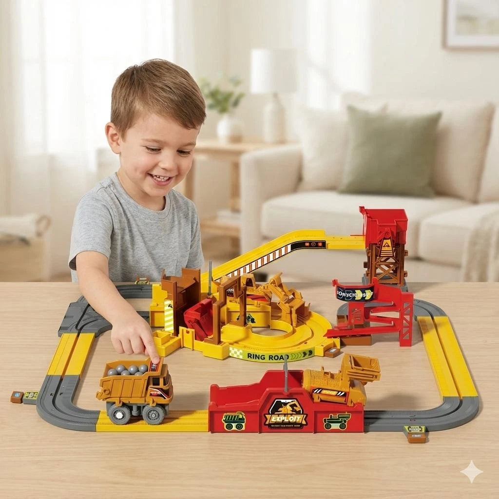 Child playing with motorized quarry construction track set